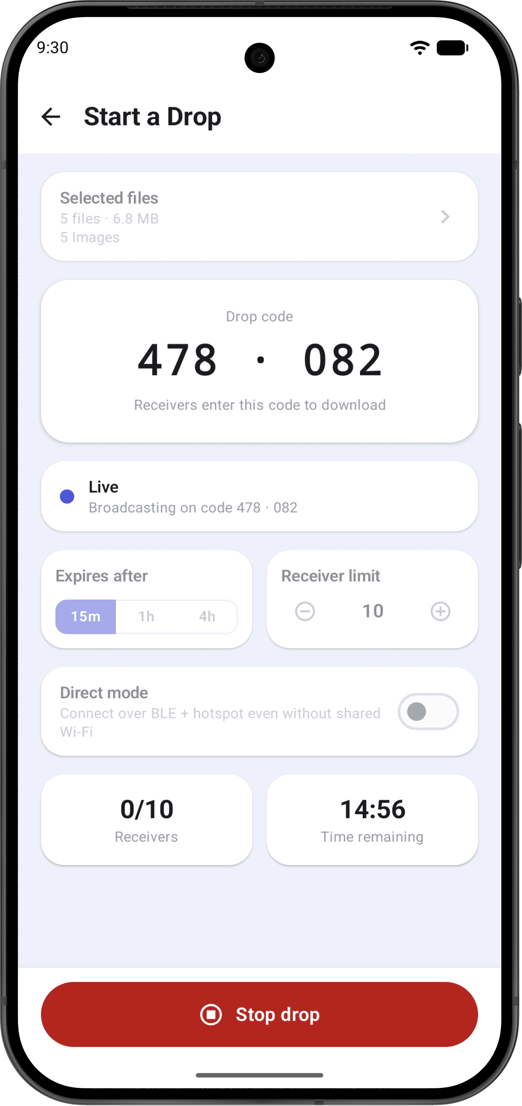 A live WaftDrop broadcast showing the drop code 478 · 082, expiry and receiver limit