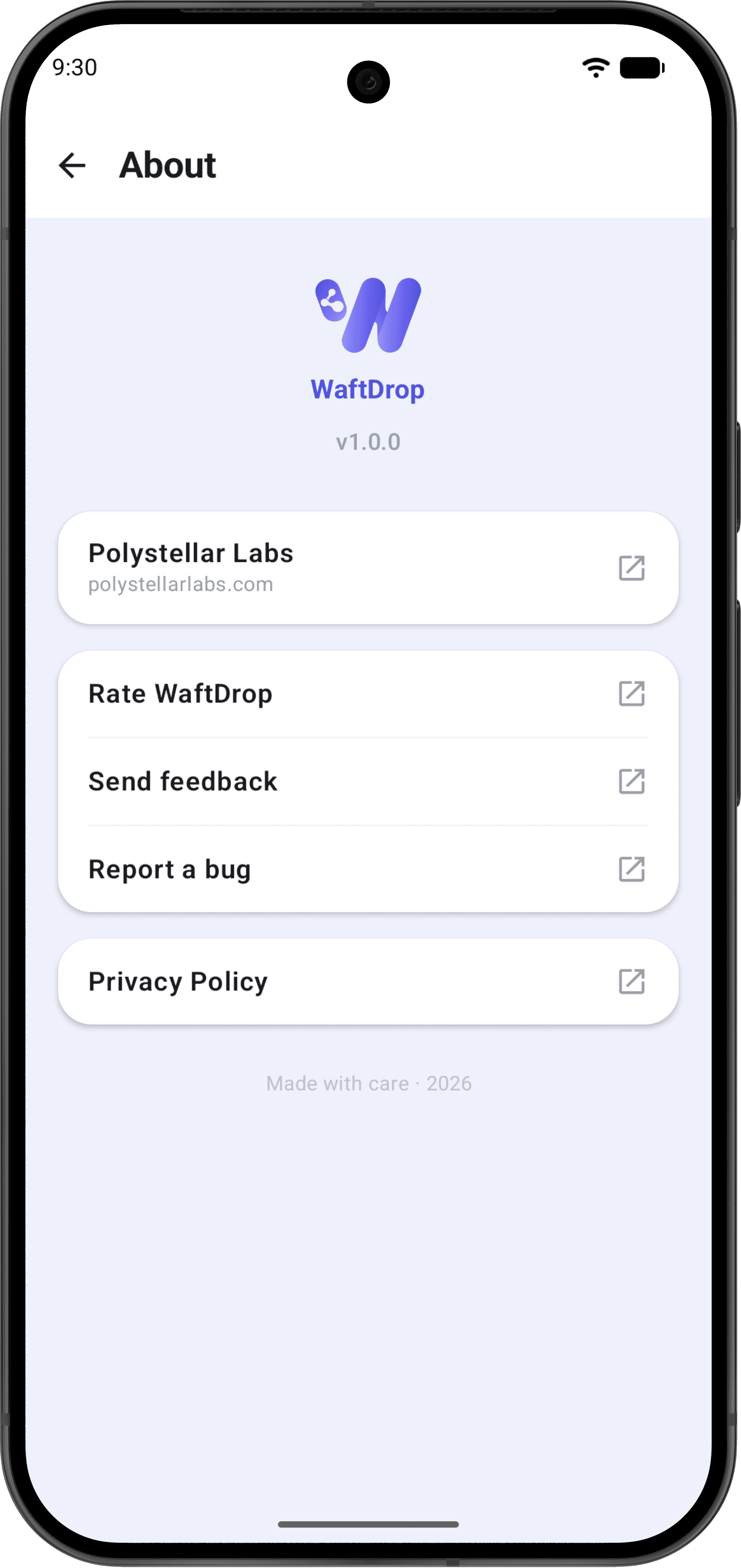The About screen showing WaftDrop v1.0.0 by Polystellar Labs