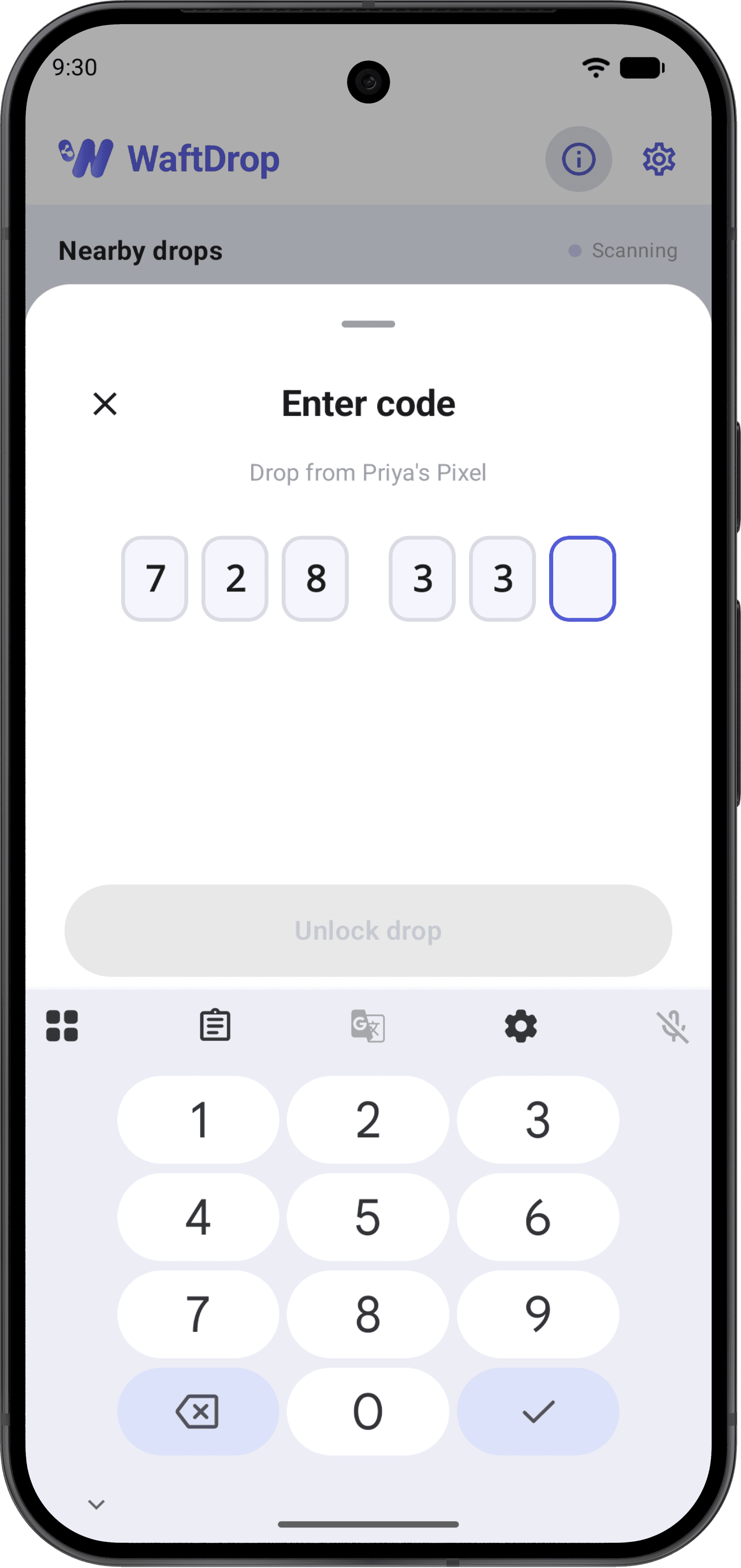 A receiver entering the 6-digit drop code on the WaftDrop code entry sheet