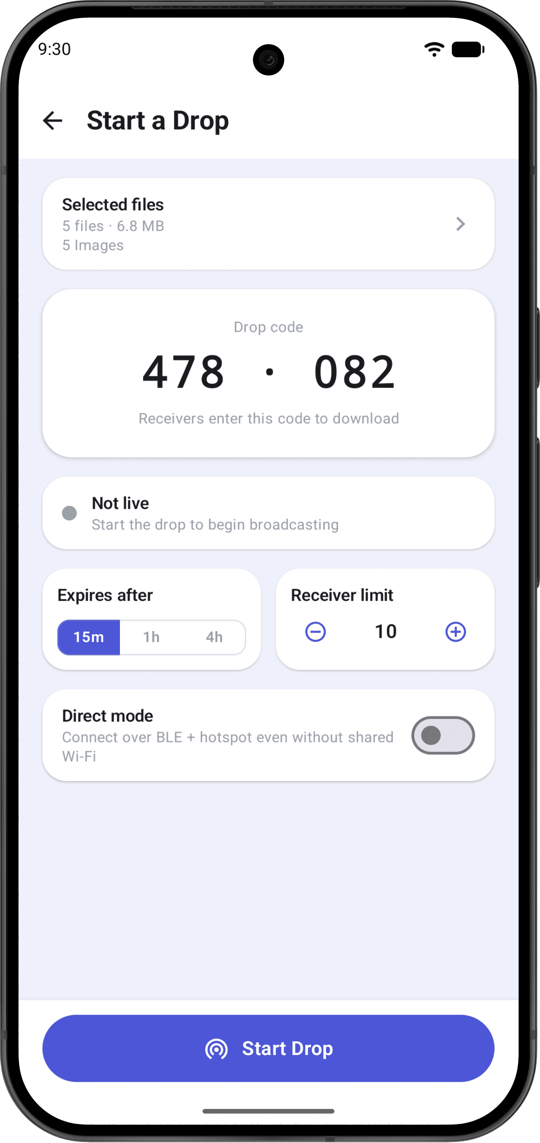 Drop configuration with expiry options and a receiver limit