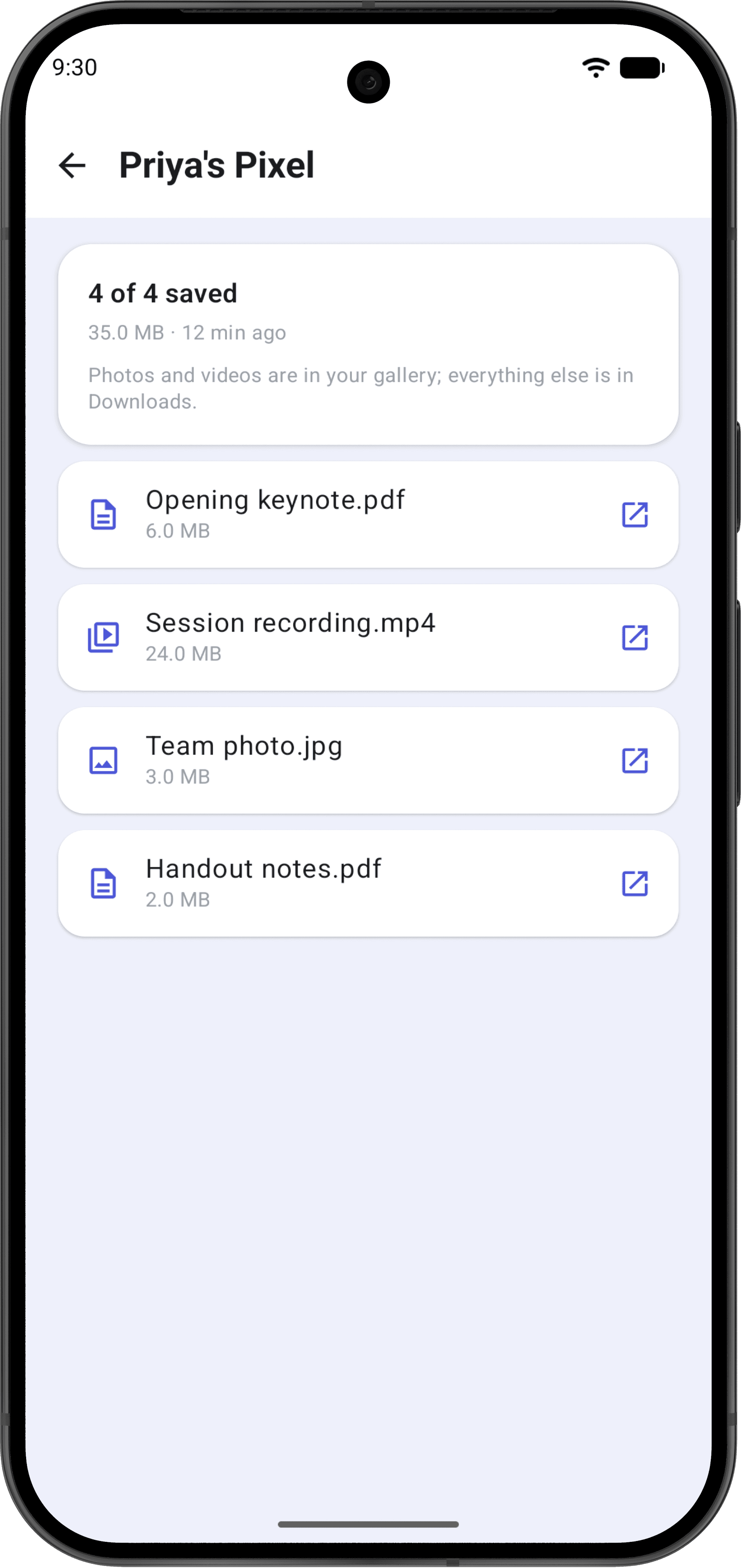 History detail showing each file's status in a received drop