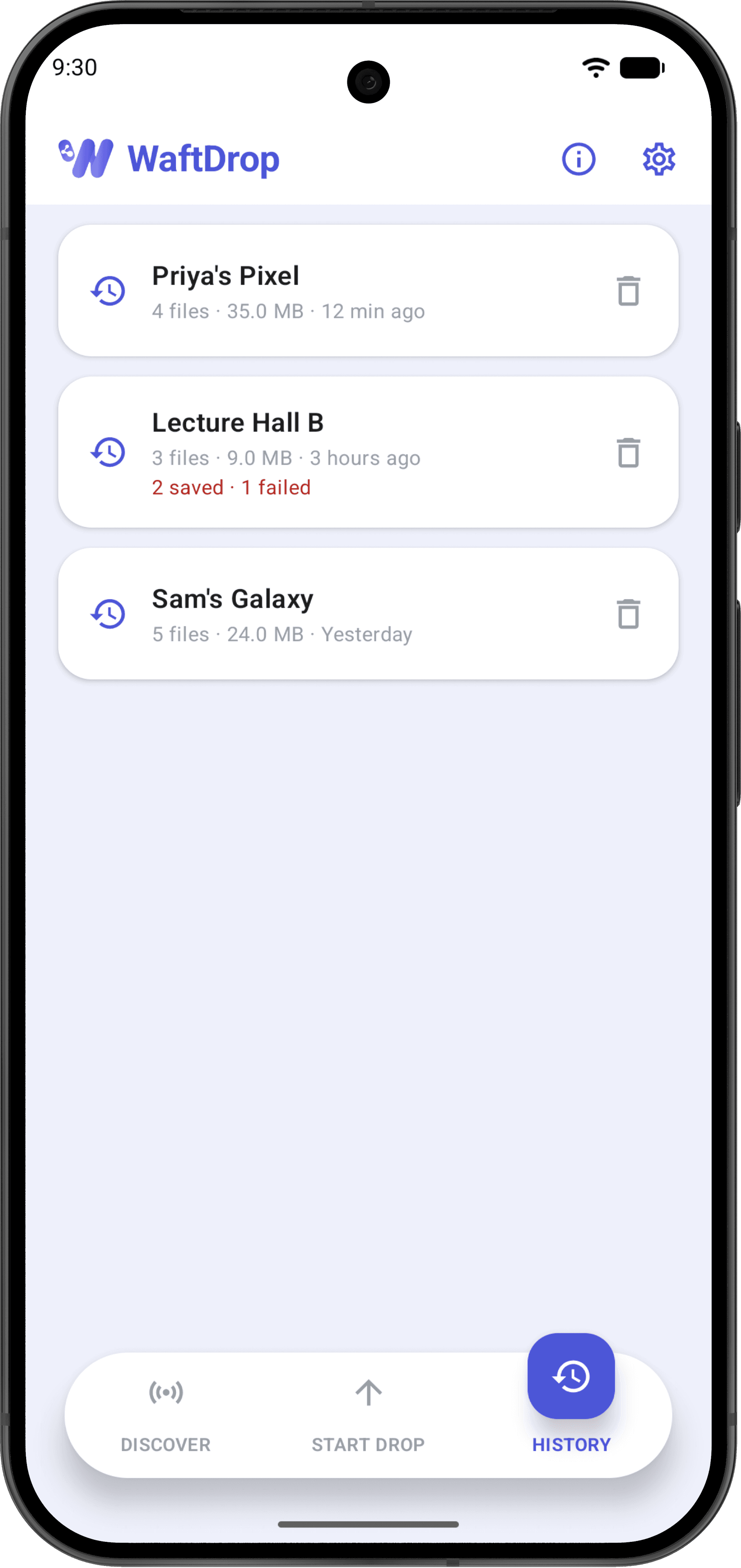 The History tab listing previously received drops
