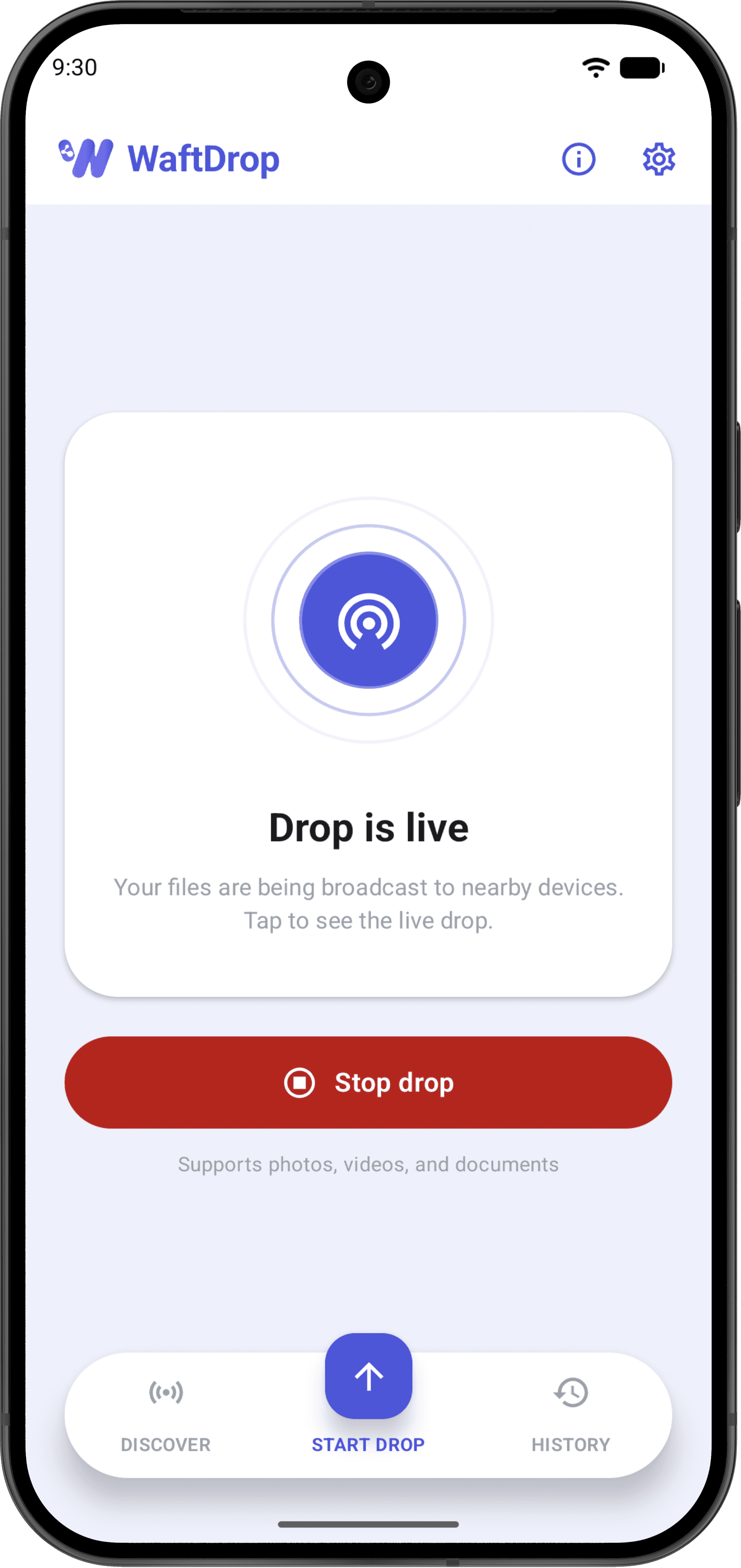 The WaftDrop home screen while a drop is live