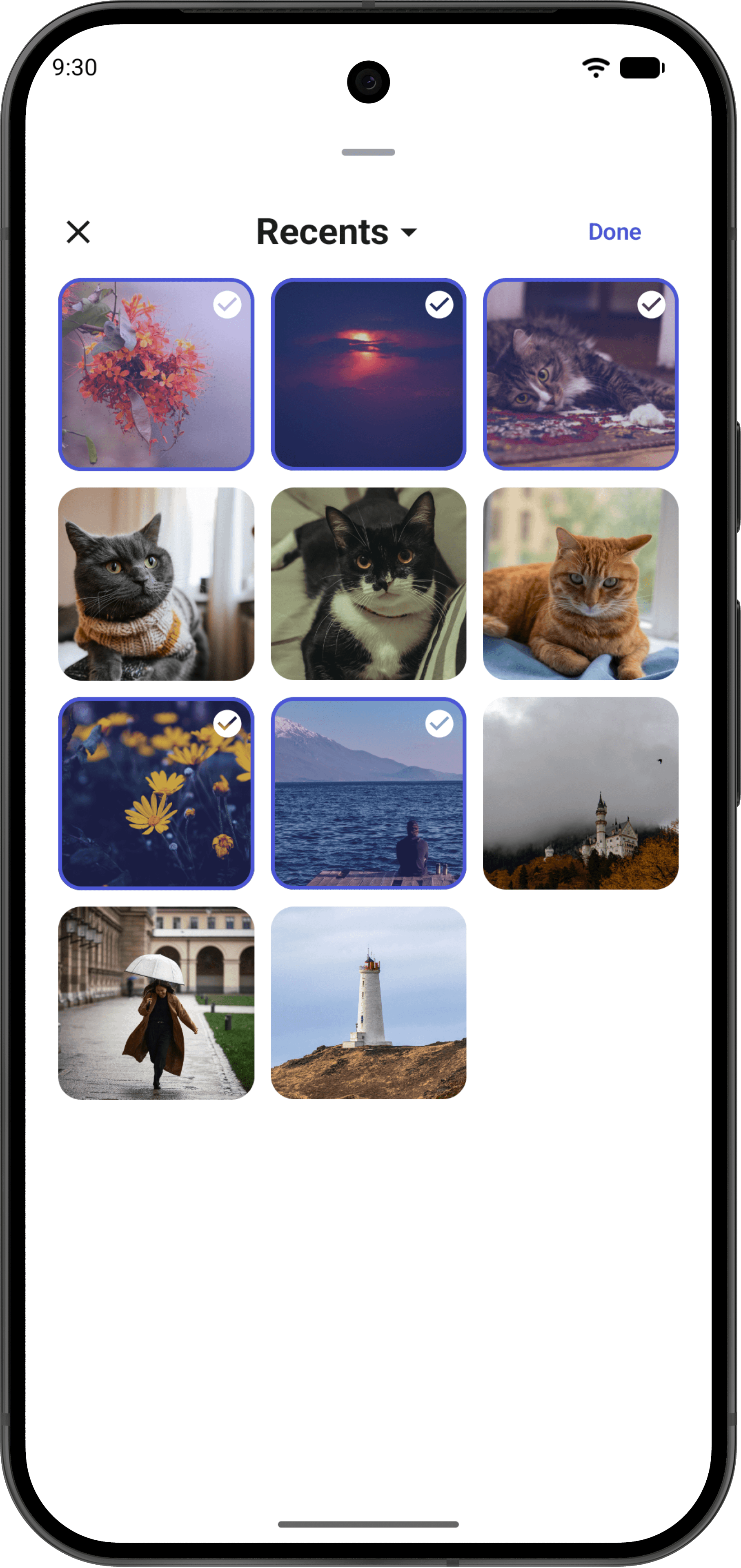 The WaftDrop file picker showing the phone's photo library