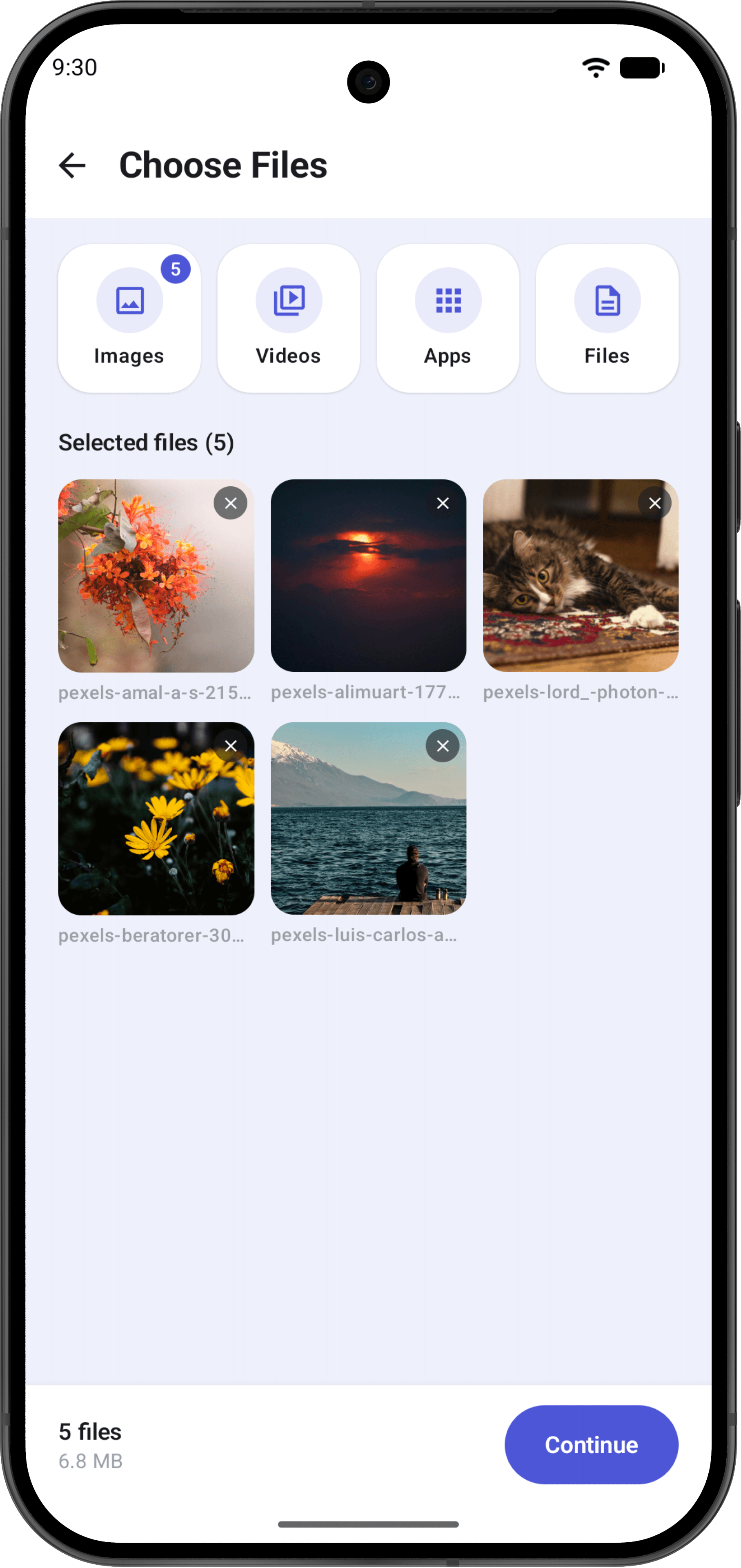 The WaftDrop file picker with several images selected