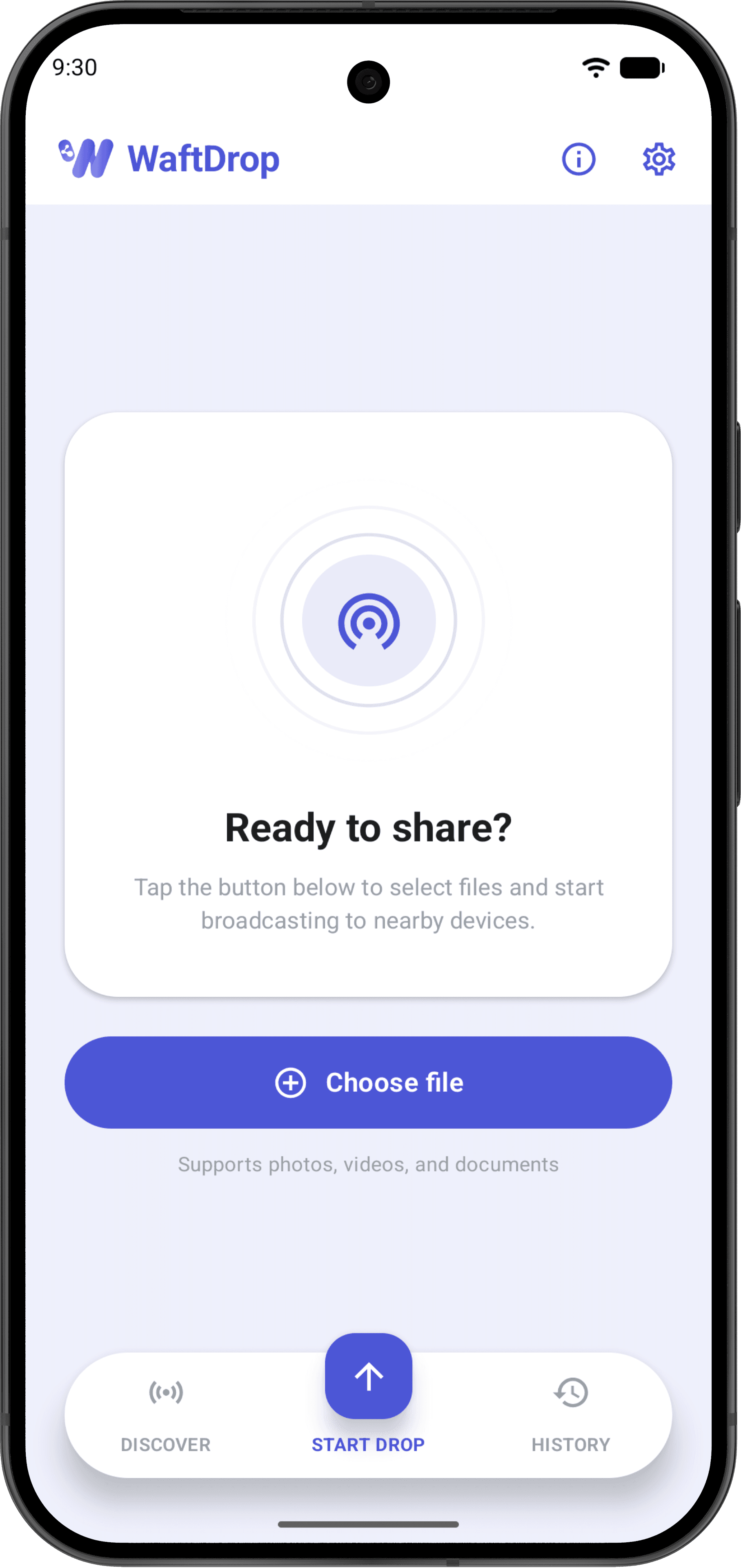 WaftDrop's Start a Drop screen, ready to broadcast files to nearby devices